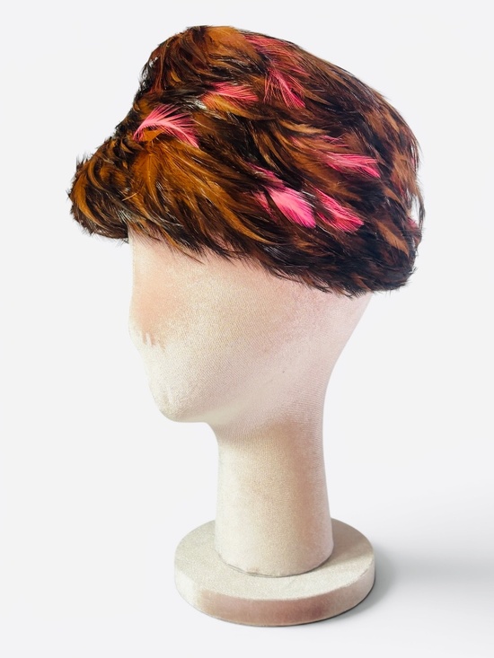 Vintage 1960\'s Mid-Century Pink Peasant Feather Toque Hat